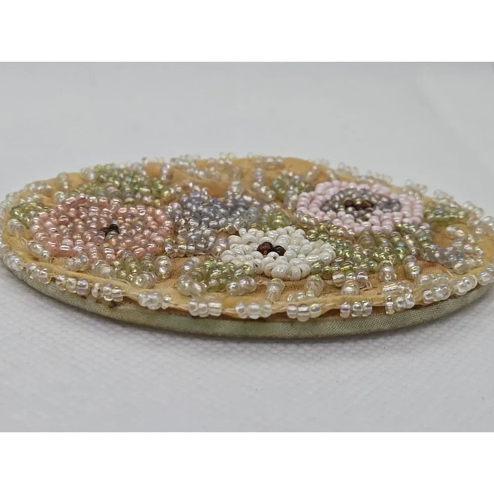 Antique Pink White Pearl Beaded Hand Purse Mirror 3.5